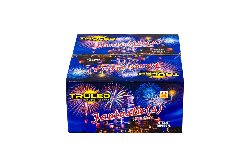 Blue fireworks box with colorful bursts and the word Fantastics printed across the front, brand name Trued/True Lights True Colour visible.