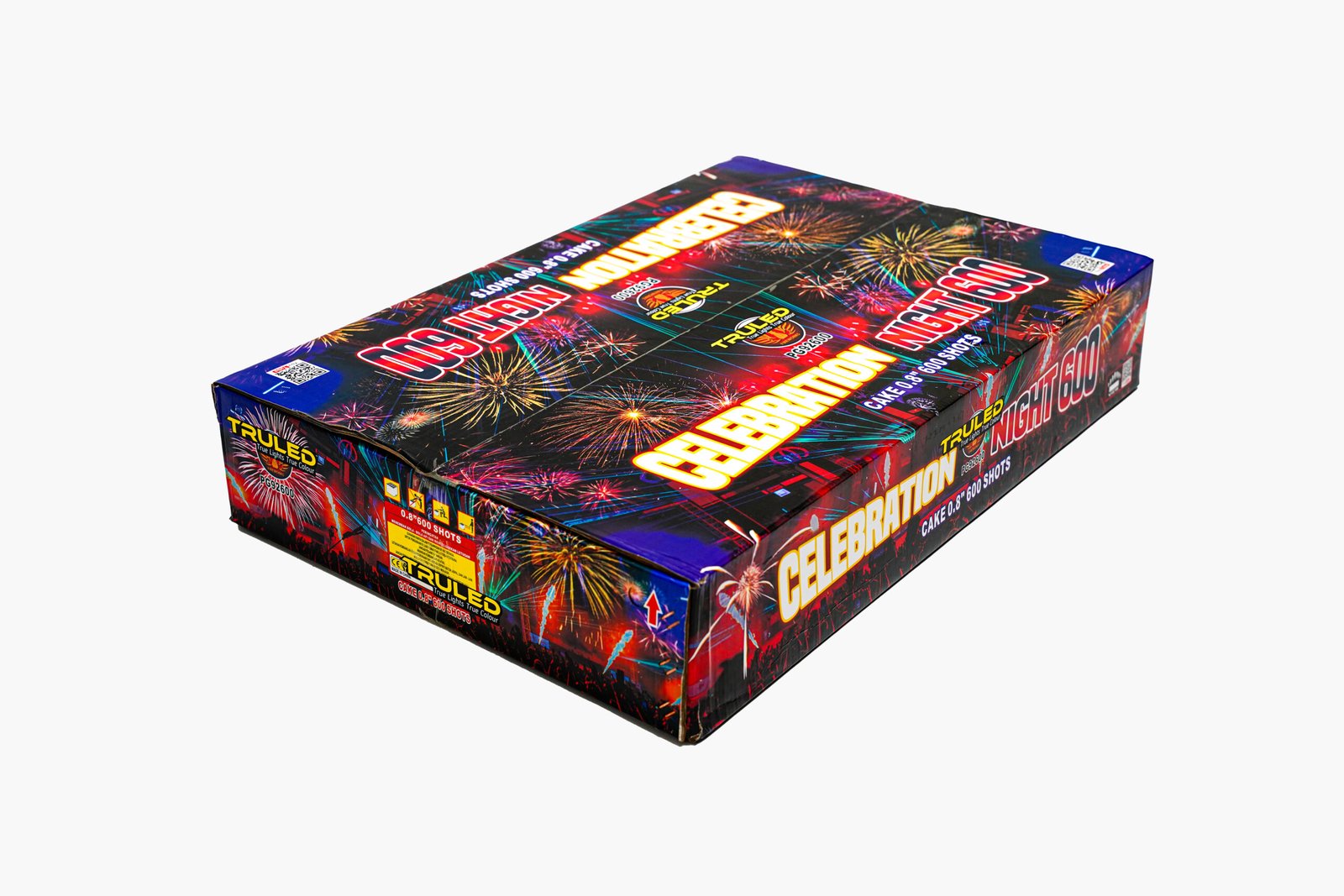 Box of fireworks packaging labeled 'Celebration Night 600 Shots' with bright fireworks graphics and bold text.
