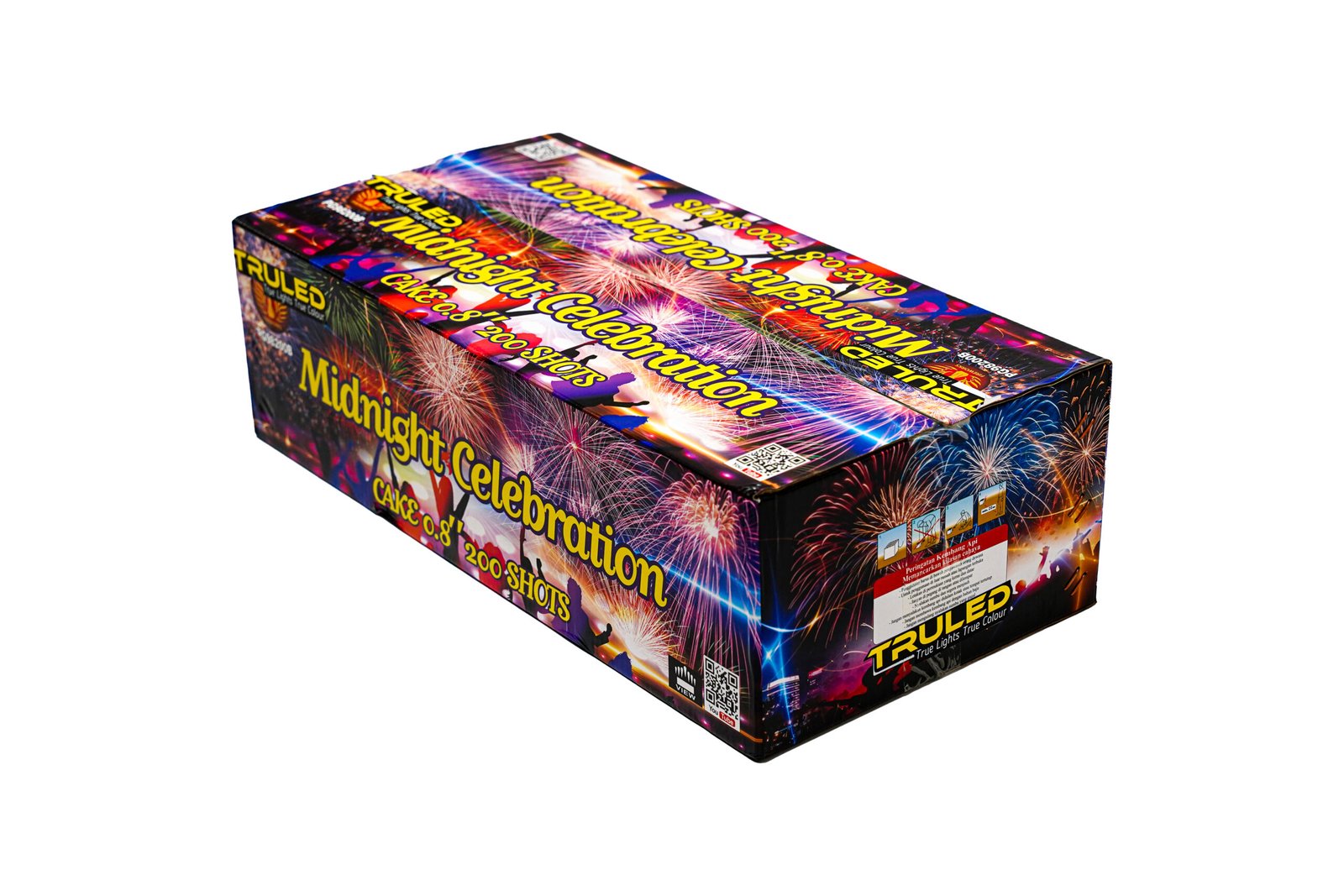 Box of fireworks packaging labeled 'Midnight Celebration' with bright burst graphics and '200 shots' text