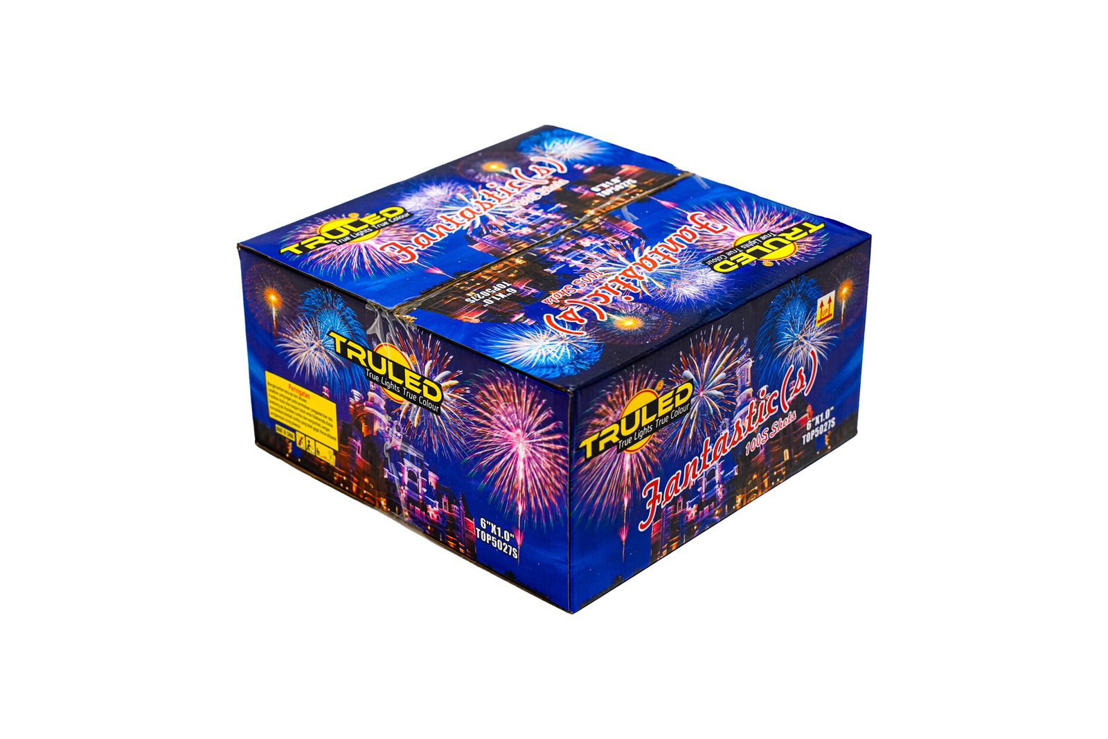 Blue fireworks-themed box packaging for a fireworks set, showing bursts of color across the box art and the brand name TruLED.