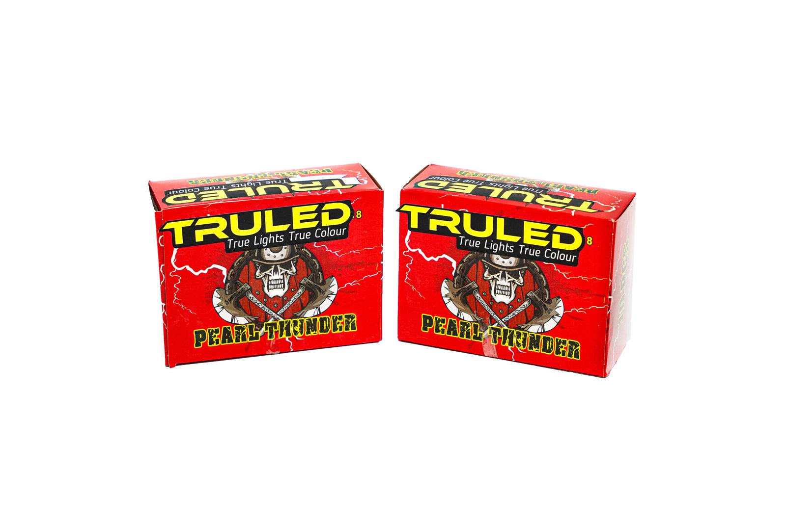 Two red product boxes side by side featuring a bold yellow and black 'TRULED' logo, with a skull illustration and the text 'PEARL THUNDER' on the front.