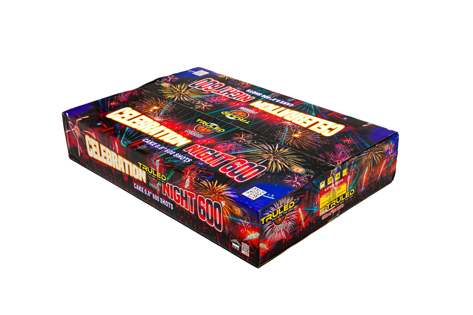 Fireworks-themed fireworks box angled on white background, with bold yellow text reading 'CELEBRATION NIGHT 600' and images of bursts across the packaging.