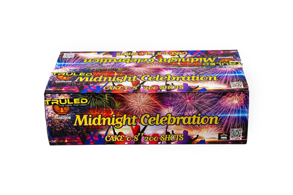 Colorful fireworks-themed fireworks box labeled "Midnight Celebration" by Truleed, with silhouettes and bursting bursts artwork.