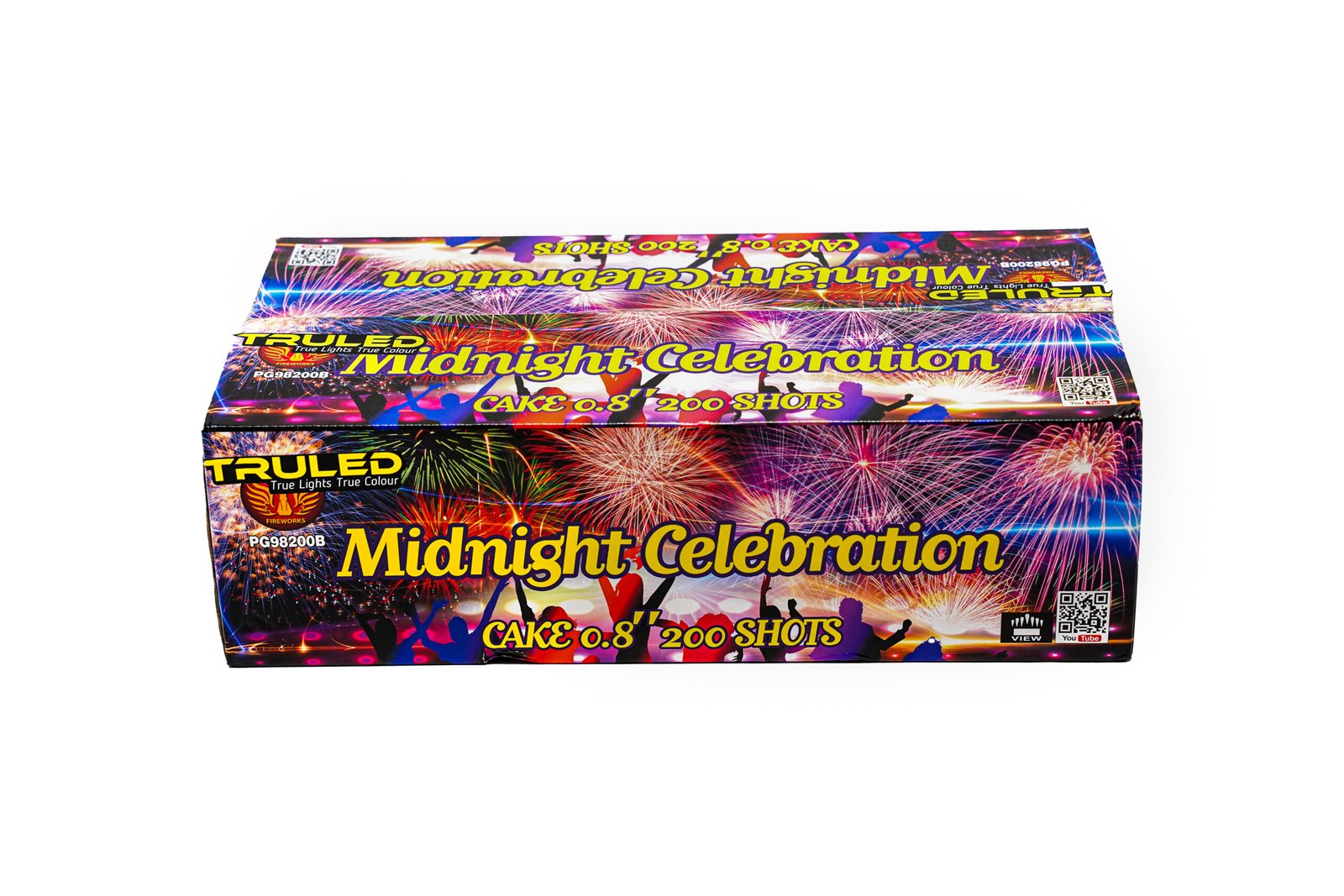 Colorful fireworks-themed fireworks box labeled "Midnight Celebration" by Truleed, with silhouettes and bursting bursts artwork.