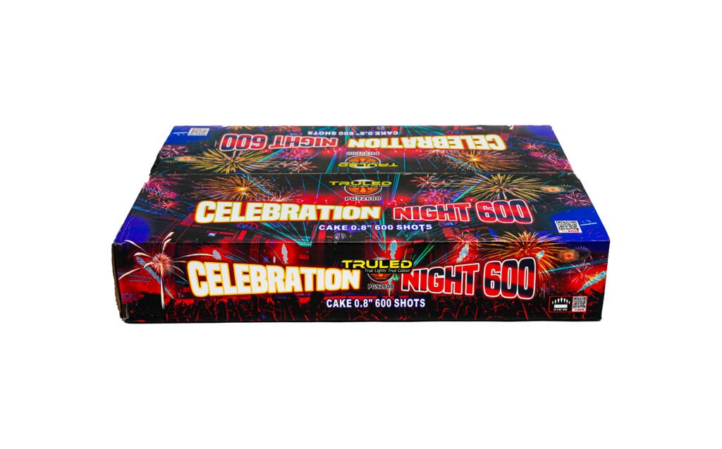 Colorful fireworks-themed cake box with bold 'CELEBRATION NIGHT 600' lettering on the front.