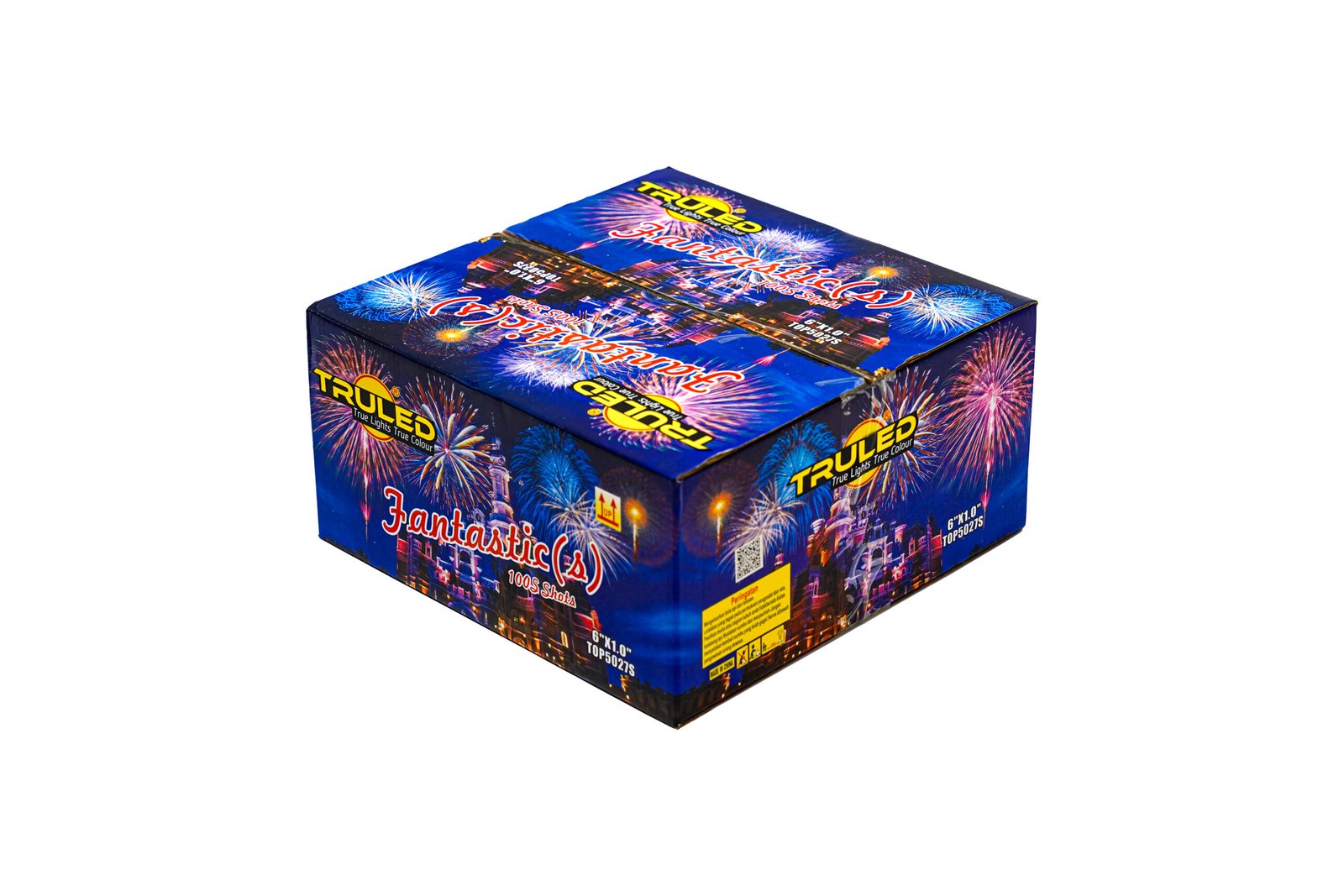 Blue fireworks box featuring bright firework illustrations and 'Fantastics' branding across the front, suggesting a 100-shot assortment.