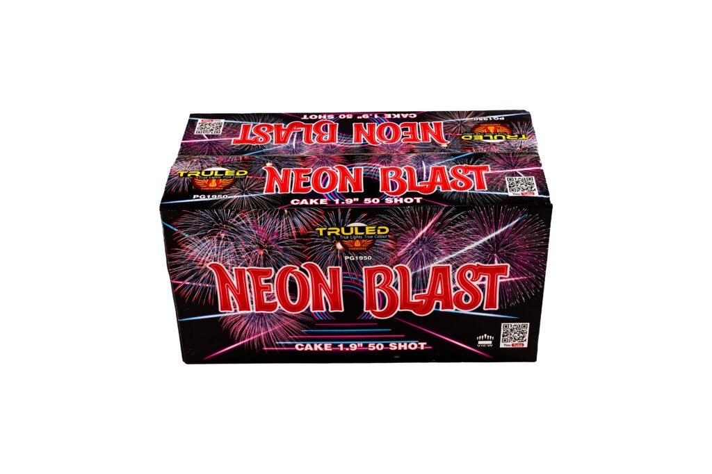 Front of neon fireworks packaging reading 'Neon Blast' with colorful burst graphics and '50 shot' text.