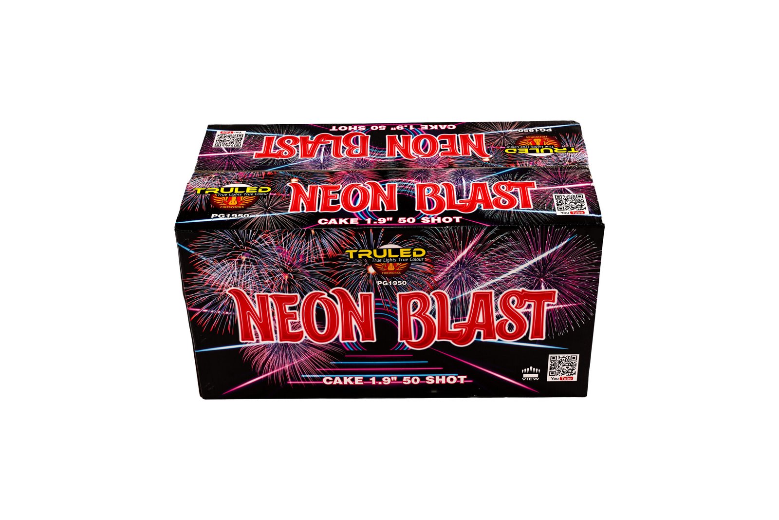 Front of neon fireworks packaging reading 'Neon Blast' with colorful burst graphics and '50 shot' text.