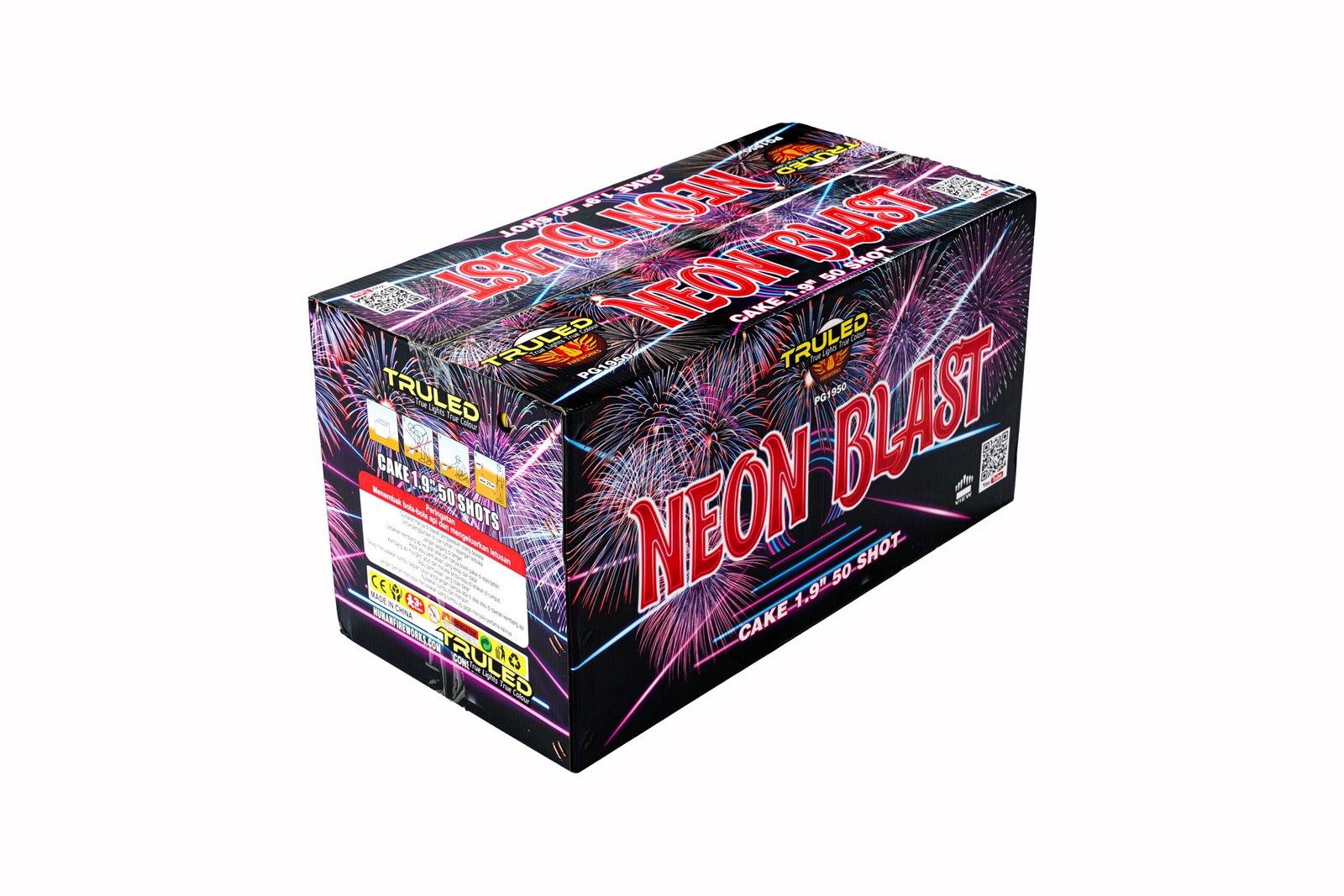 Rectangular fireworks packaging with neon red text saying 'NEON BLAST' and bursts of colorful fireworks on a dark background, angled box view.