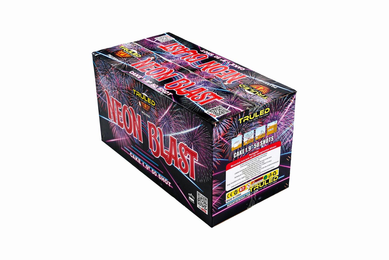 Packaged fireworks box titled 'Neon Blast' with bright fireworks graphics and bold red lettering on a dark background, angled to show sides of the box.