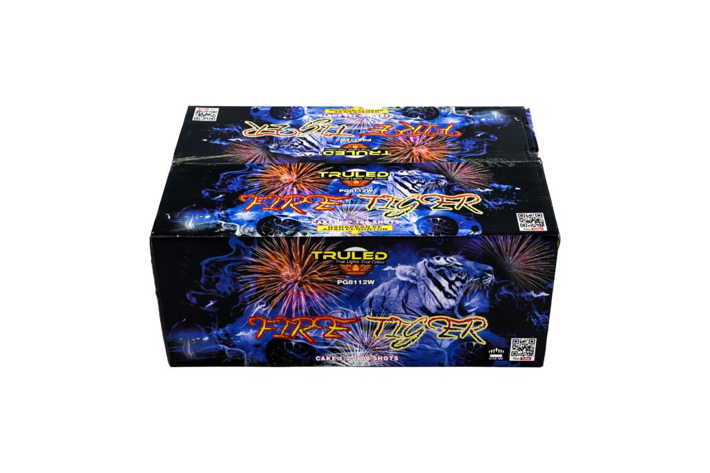 Fire Tiger fireworks box with blue and orange fireworks graphics on a dark background.