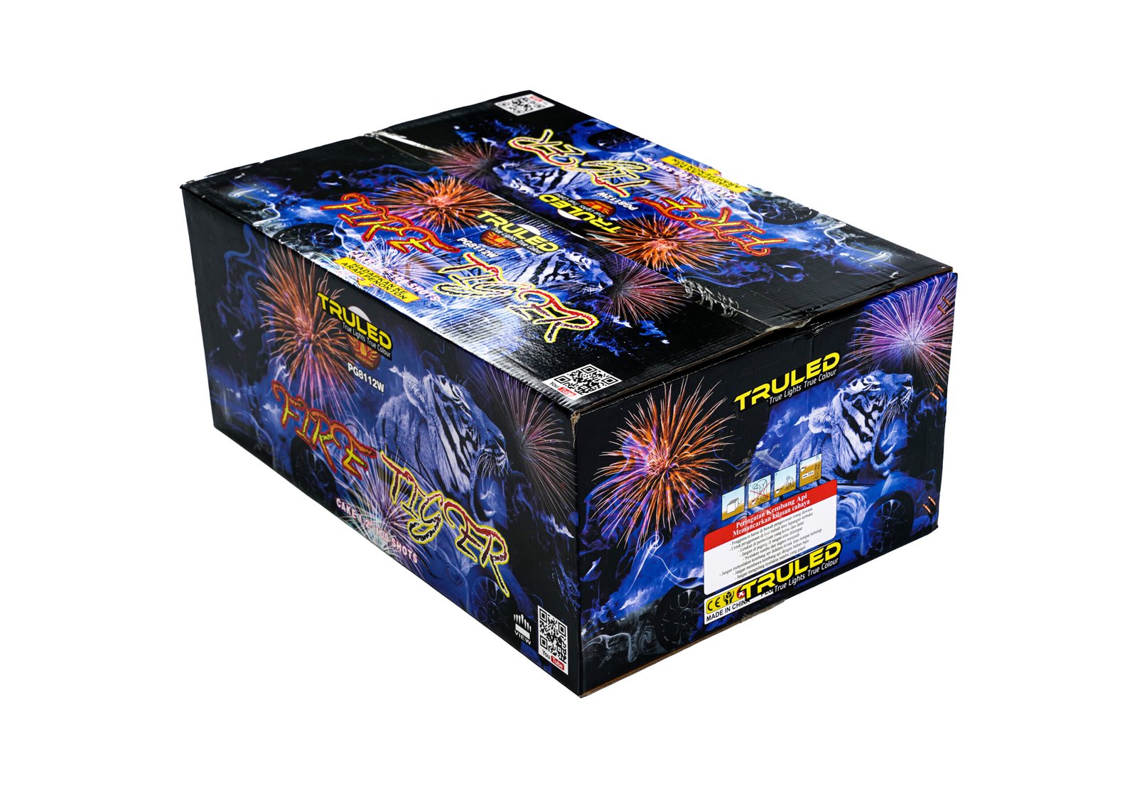 Box of fireworks packaging featuring colorful bursts and the word 'TRUELED' on a dark night-sky design in bold yellow letters.