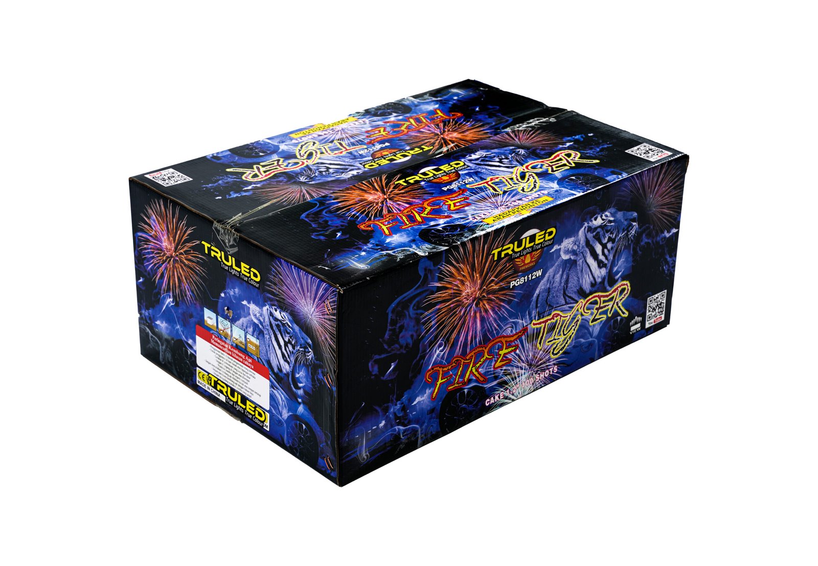 Colorful fireworks box with bright bursts of fireworks on a dark background, labeled ‘FIRE TIGER’ on the top panel.