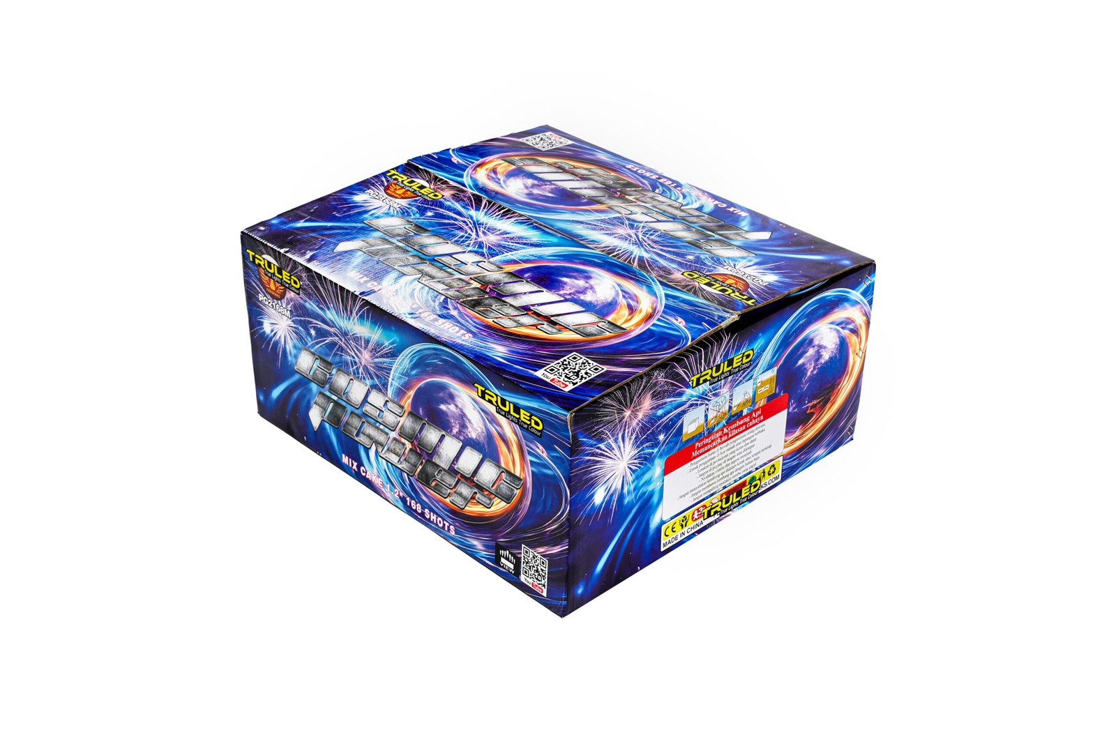 Box of fireworks with bold blue graphics and multiple tube loads, showing a QR code on the side panel with celebratory bursts.