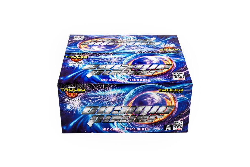 Stacked blue fireworks boxes with bold metallic lettering, displaying 'Mix Cake 1.2" 168 Shots' and 'Trueled' branding.