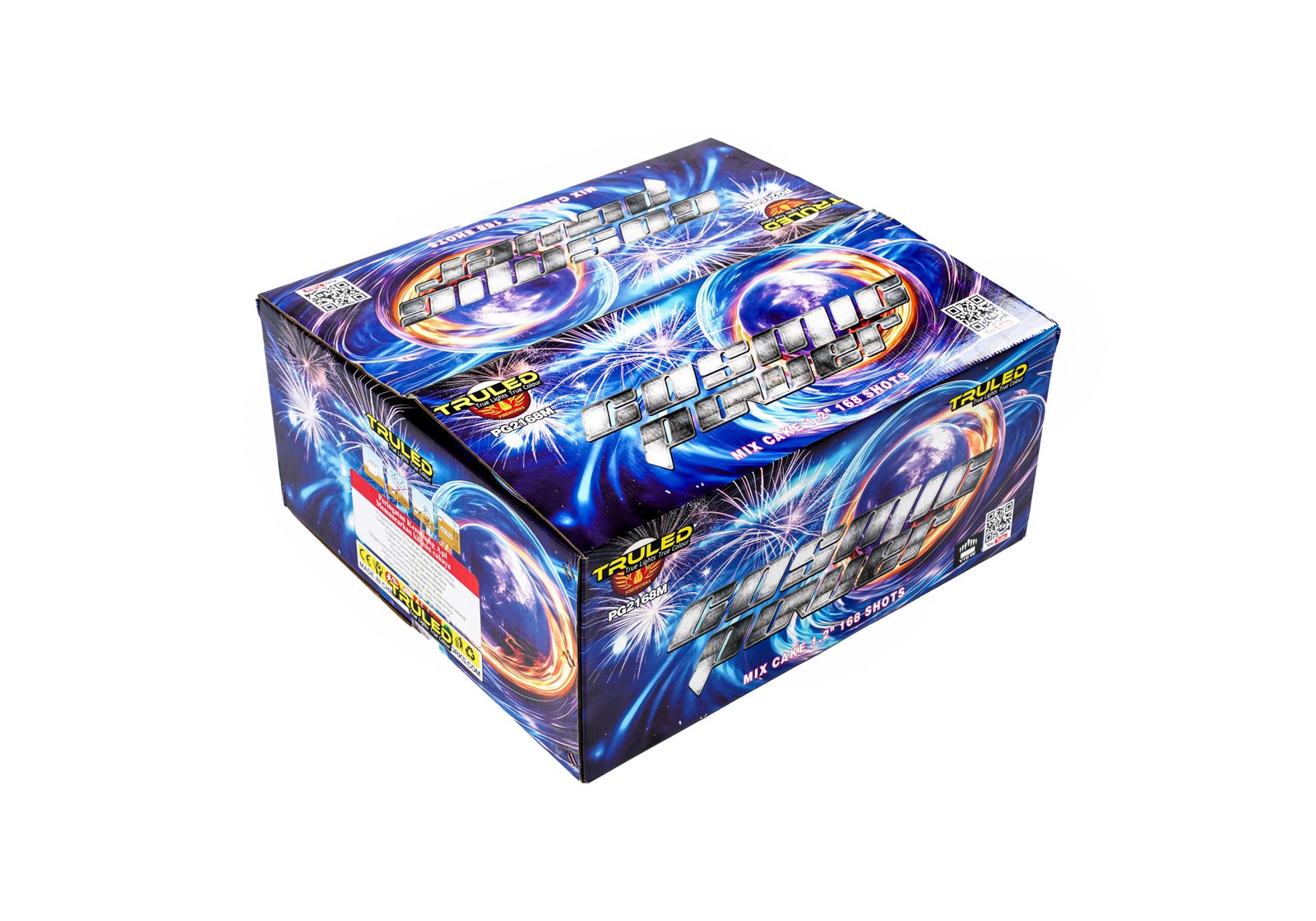 Colorful fireworks-themed box packaging for an assortment of fireworks, with blue, purple, and orange swirls and 168-shot mix cake label visible on the lid.