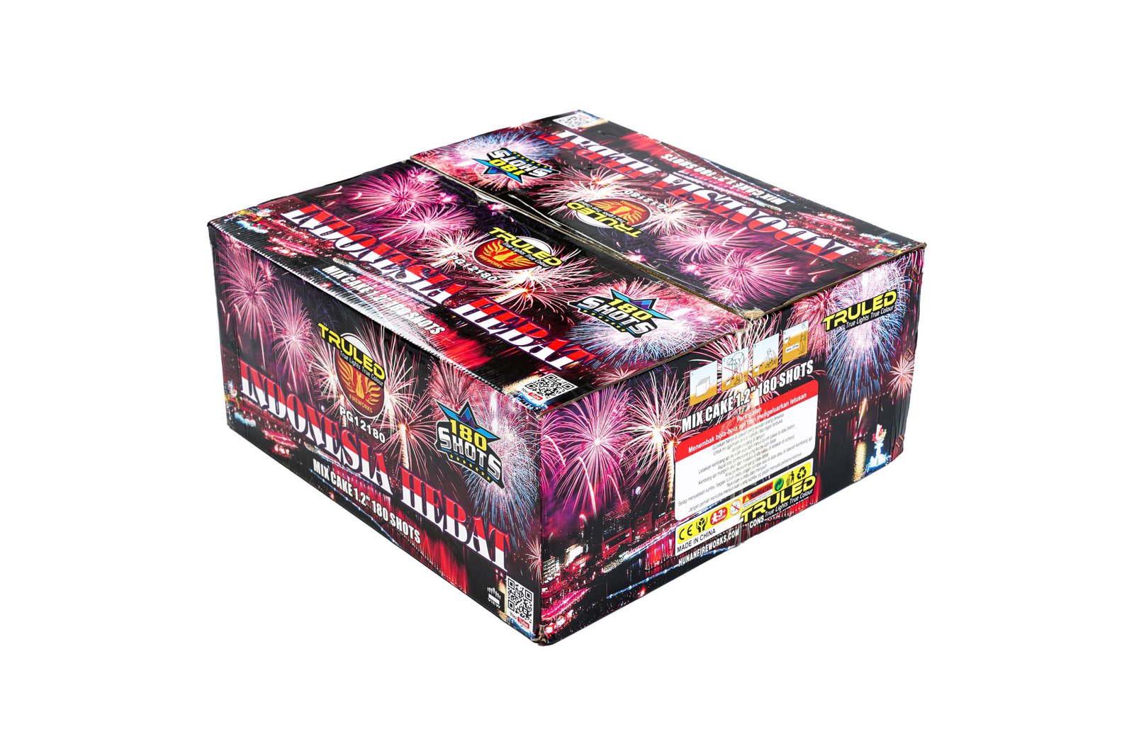 Colorful fireworks box with explosive graphics and labels like '180 Shots' and 'Mix Cake'.