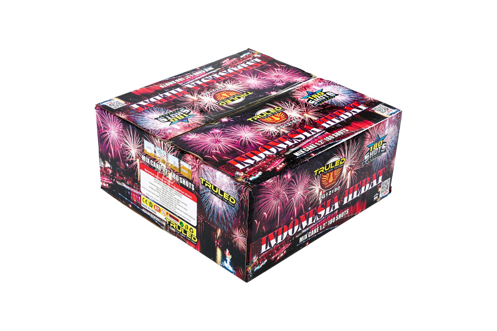 Colorful fireworks-themed box with bold branding and safety labels on a white background (studio shot).