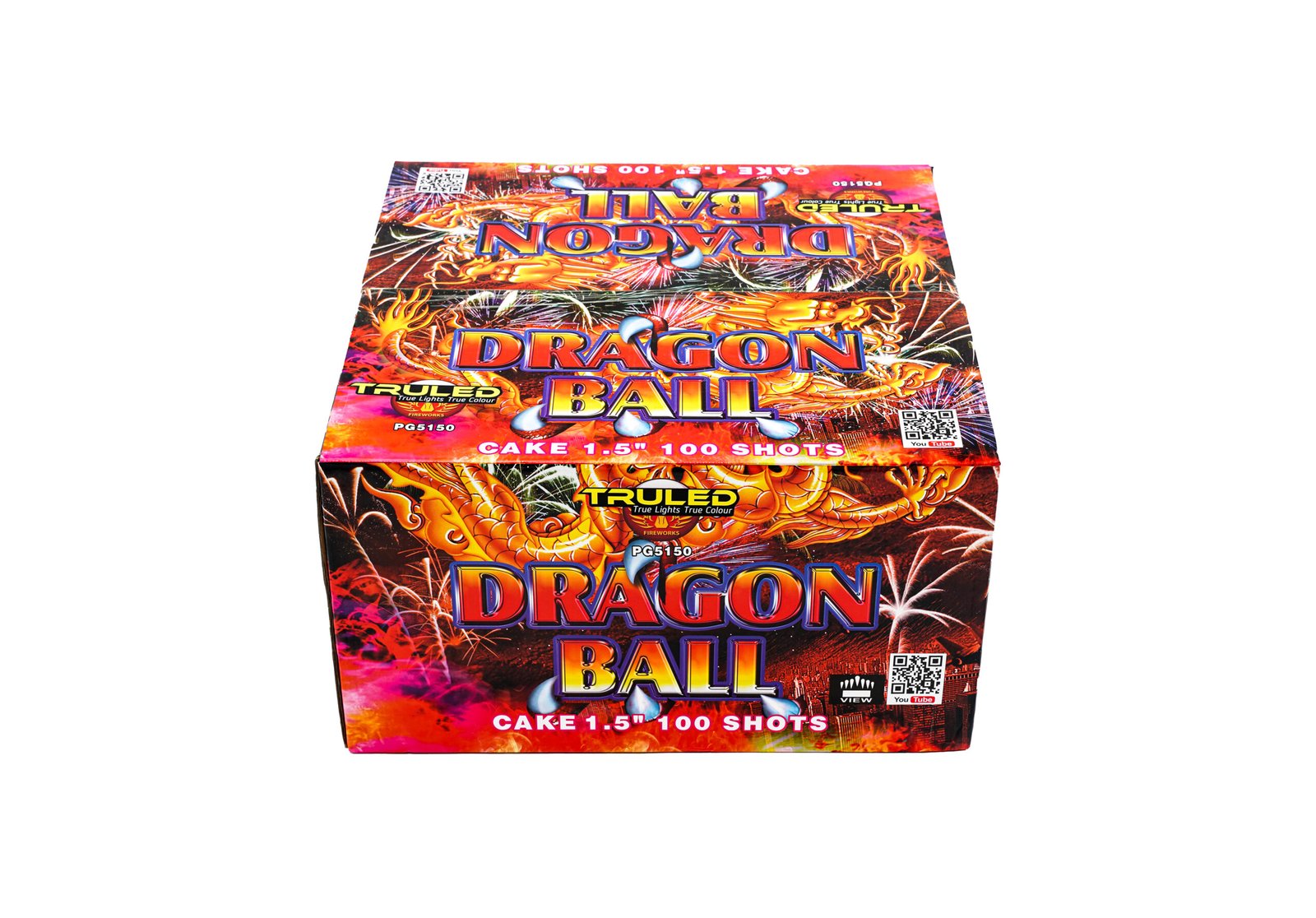 Bright, dragon-themed fireworks cake box with bold 'DRAGON BALL' branding and 'CAKE 1.5" 100 SHOTS' text across the front.