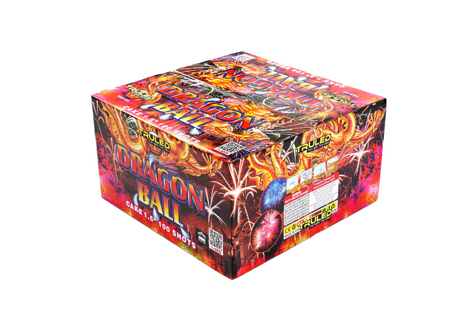 Colorful fireworks box with dragon artwork and the words 'Dragon Ball' indicating a 100-shot fireworks cake.