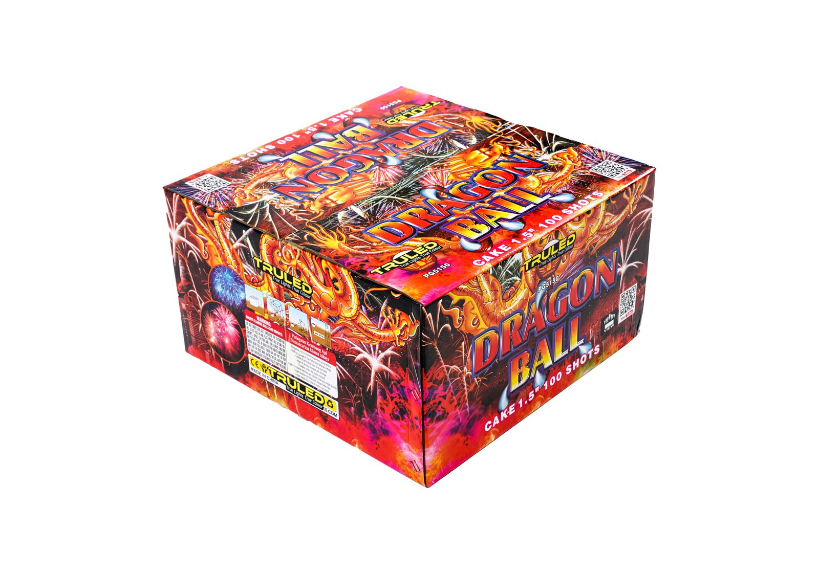 Colorful fireworks box with dragon graphics and the text Dragon Ball, a 100-shot assortment.