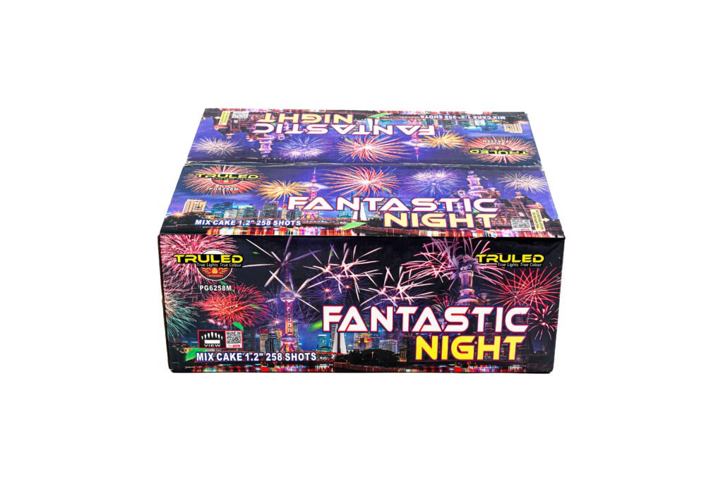 Colorful fireworks packaging box with a city skyline and the bold text 'FANTASTIC NIGHT'.