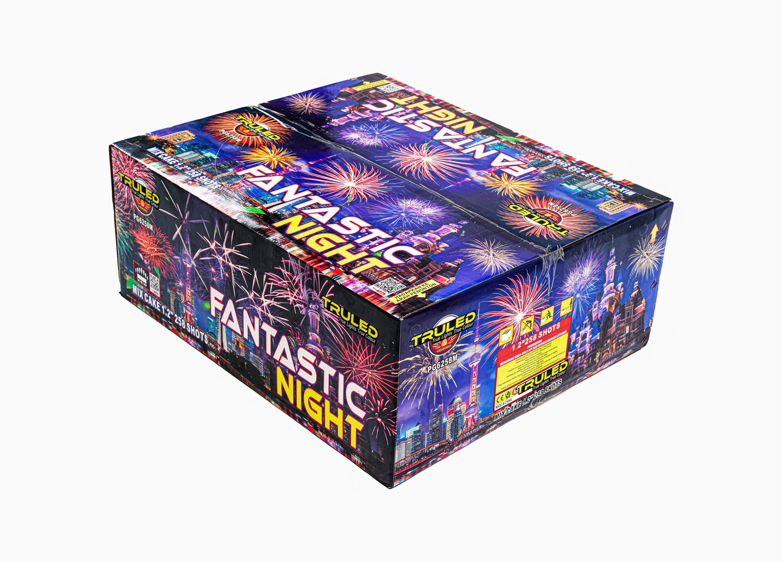 Colorful fireworks box with bright bursts and cityscape graphics, labeled with large white and yellow text for a festive display kit.