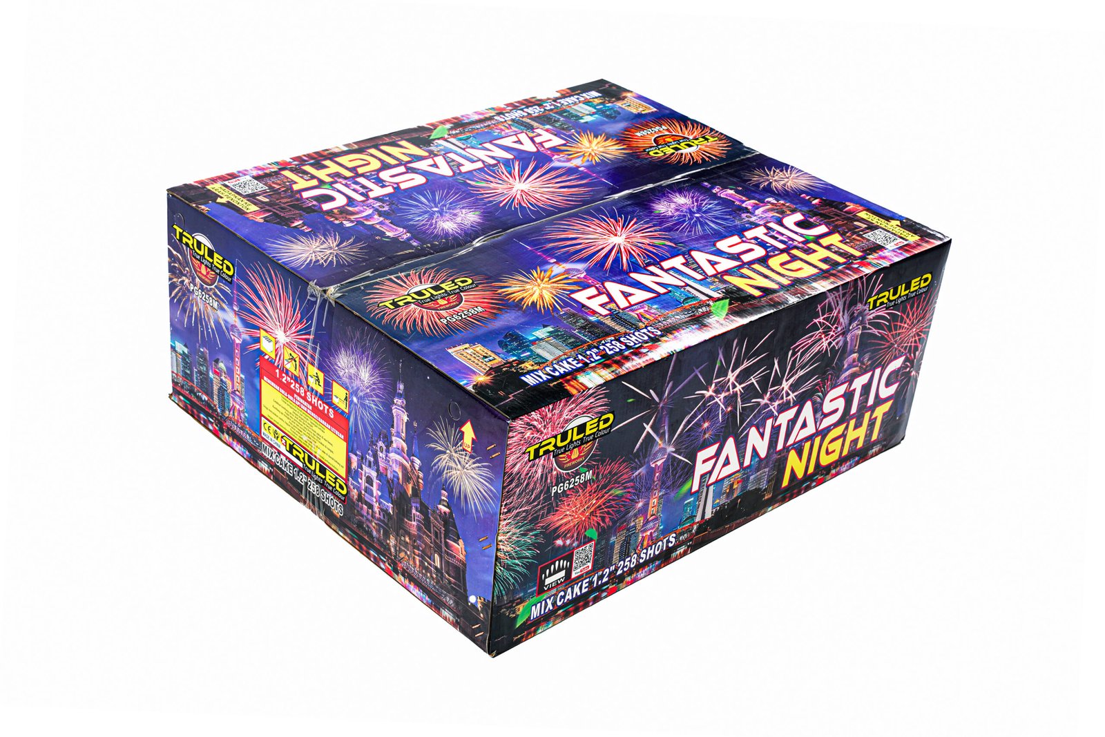 Colorful fireworks box labeled 'Fantastic Night' with bursts and city skyline imagery on packaging as a product photo.