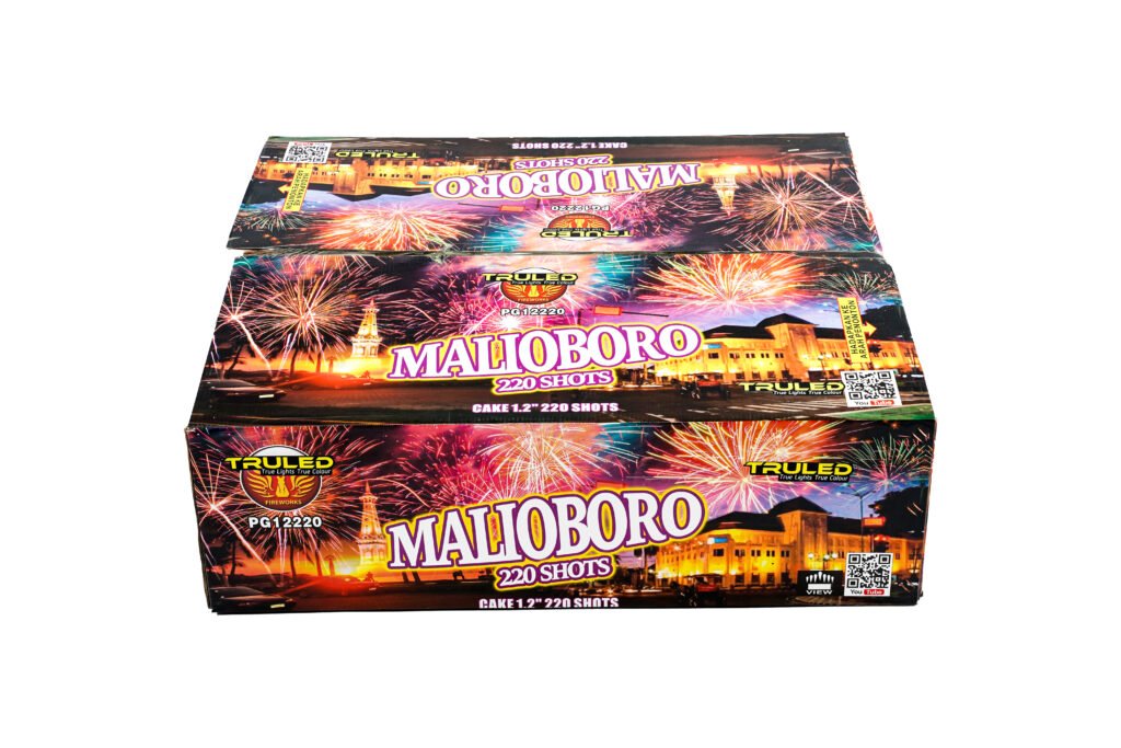 Stack of MALIOBORO fireworks boxes with bright fireworks graphics and '220 SHOTS' label.