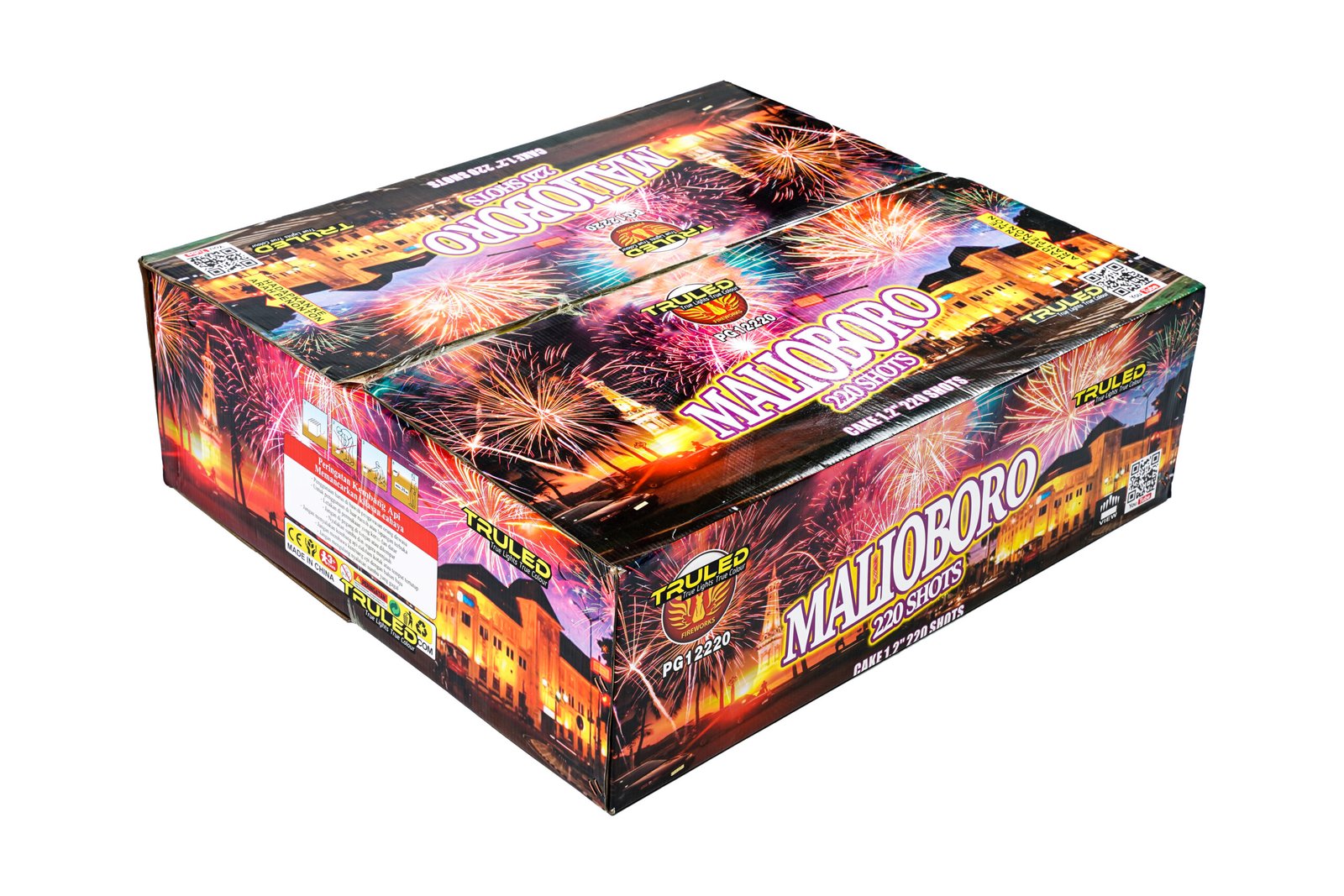 Large colorful fireworks box with bright fireworks graphics and the word MAJORO (or similar branding) across the front.