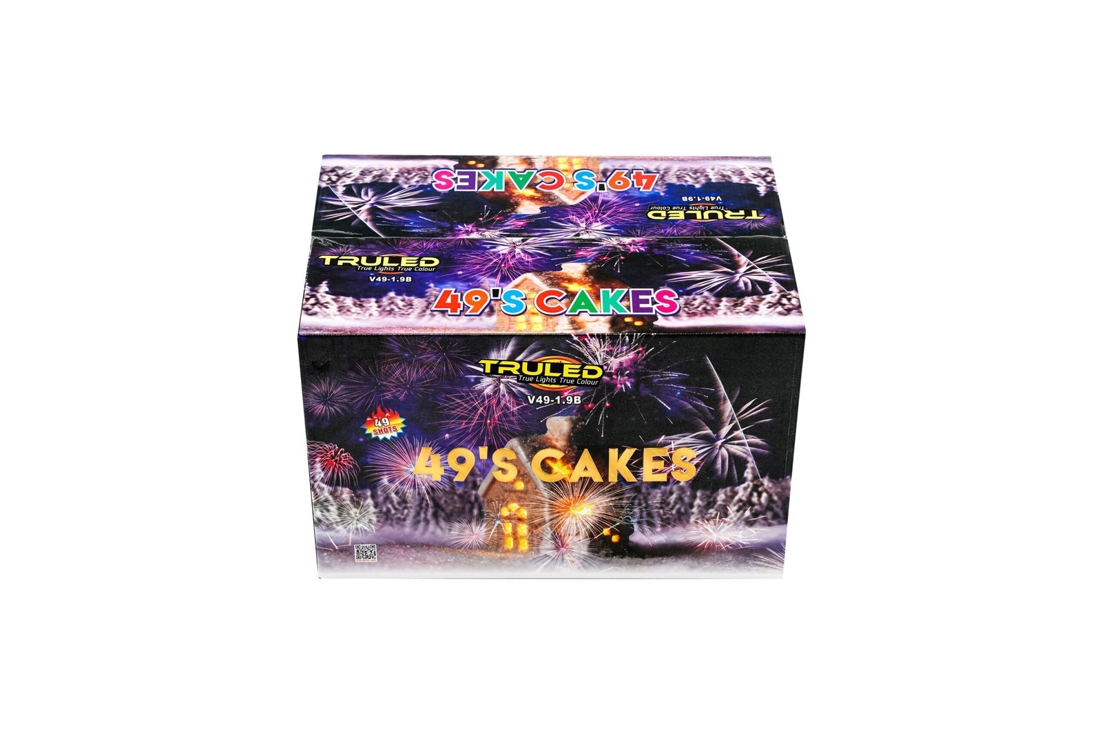 A fireworks cake box labeled '49's Cakes' with bright multicolored text and bursting fireworks graphics.