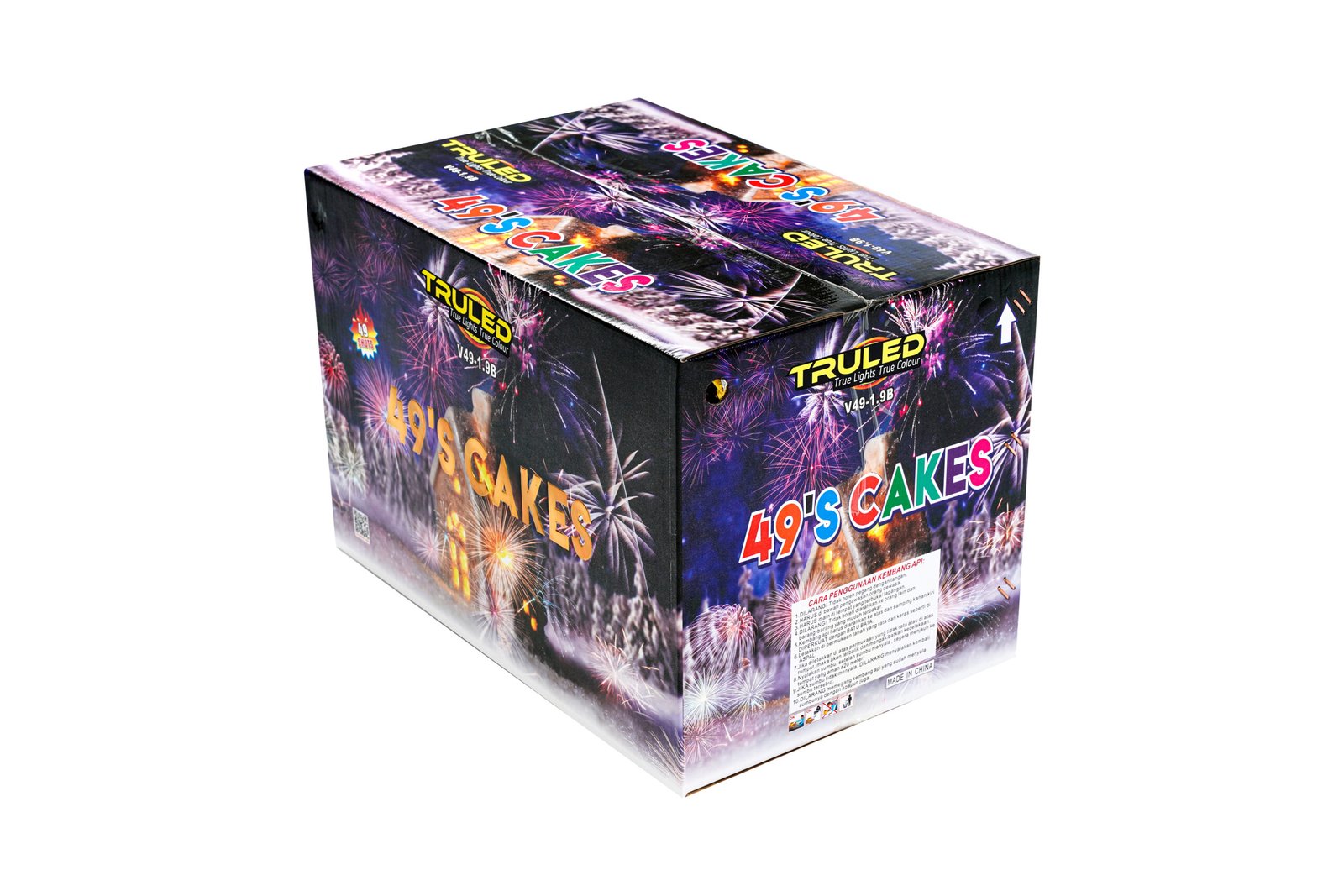 Box of fireworks packaging with bright colorful bursts and the label “49’s Cakes.”