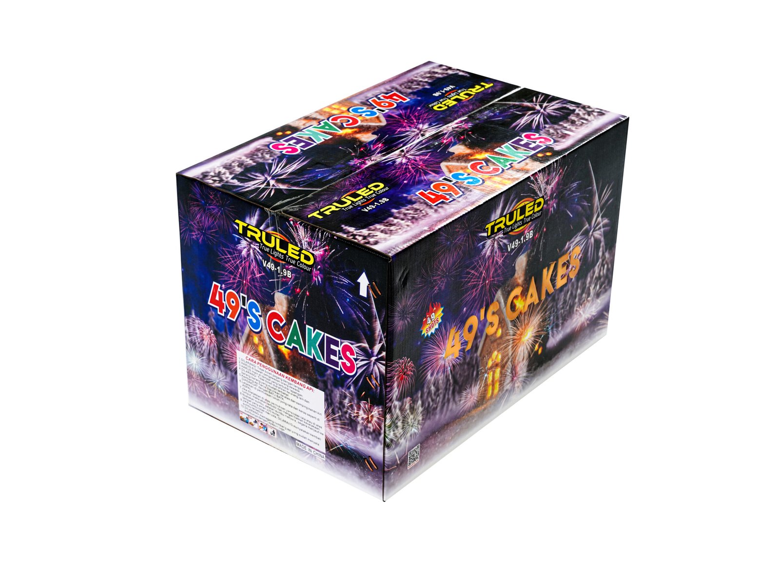Box of fireworks labeled '49's Cakes' with colorful fireworks graphics and brand 'TRULED' visible on the packaging, angled view
