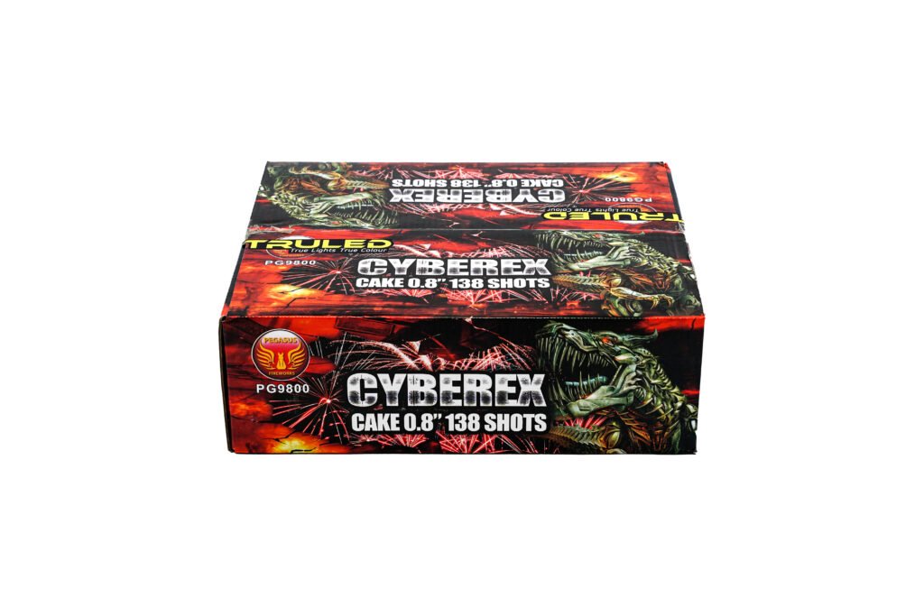 Fireworks cake box labeled 'CYBERREX', 0.8" cake, 138 shots, with red and dragon graphics.