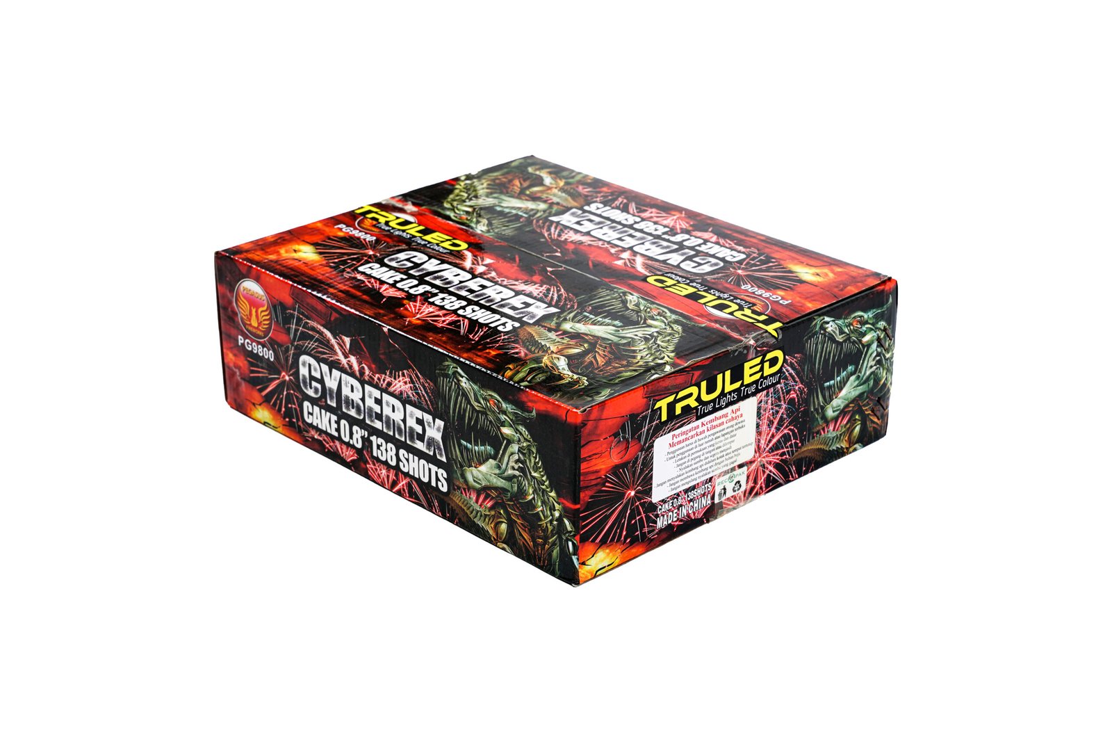 Colorful fireworks-themed product box with bold white text and a circular logo on the side.