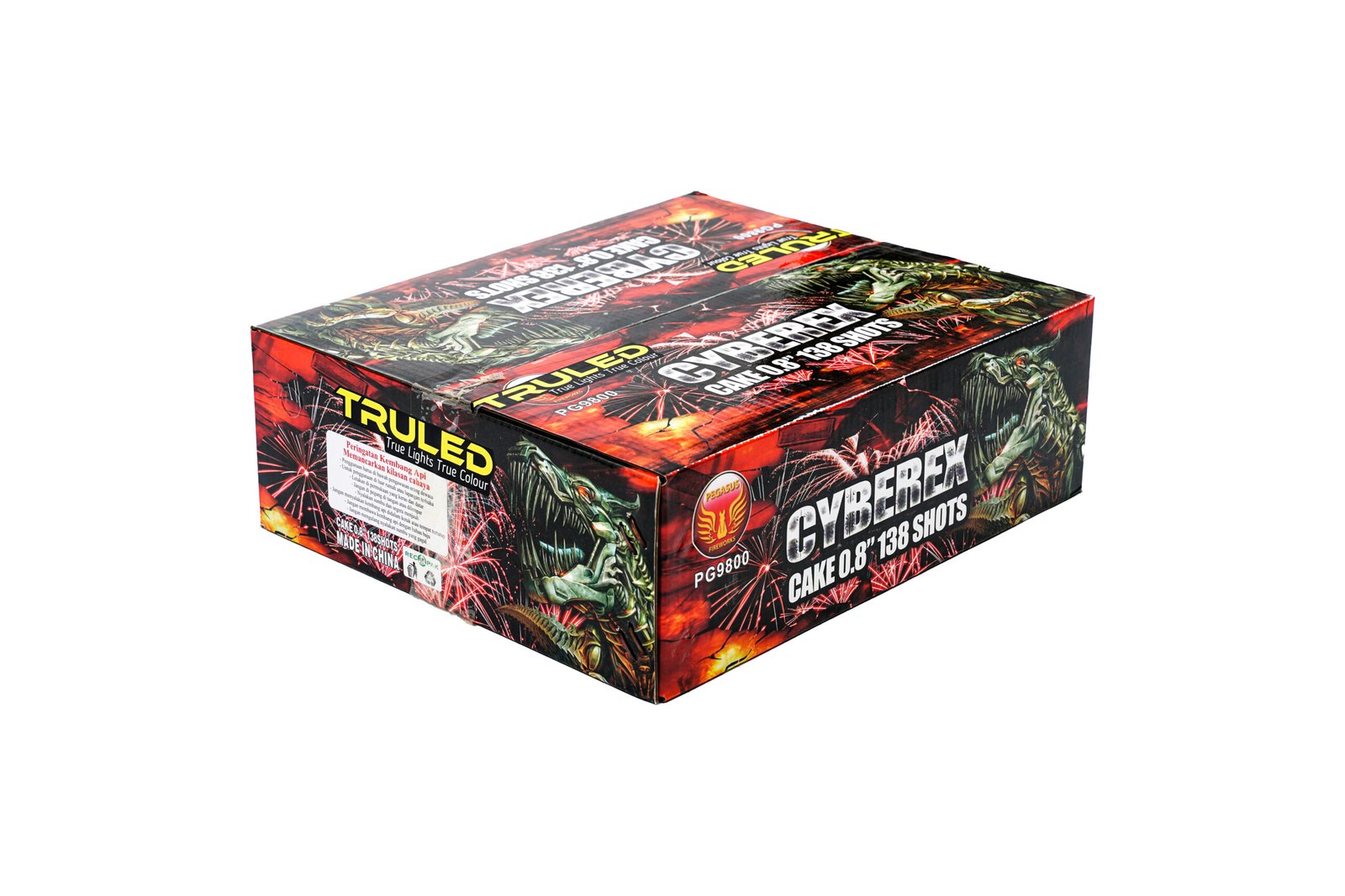 Colorful fireworks box labeled CYBERFIRE 138 SHOTS, with illustrations of explosions and dragons on red and black packaging.