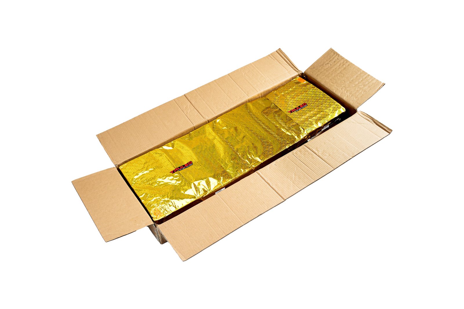 Open cardboard shipping box with gold-wrapped, patterned package inside.