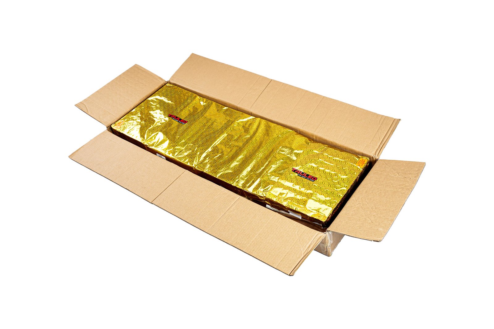 Open cardboard shipping box with gold foil-wrapped packages inside.