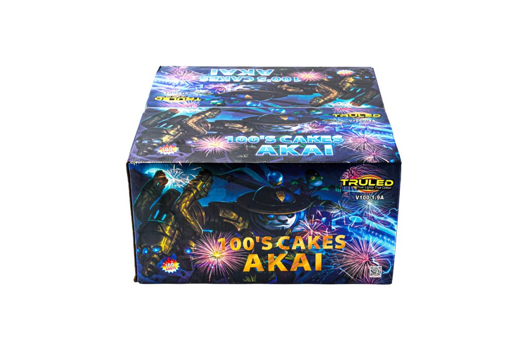 Box packaging for a product titled '100's Cakes Akai' with blue fireworks and robot characters.