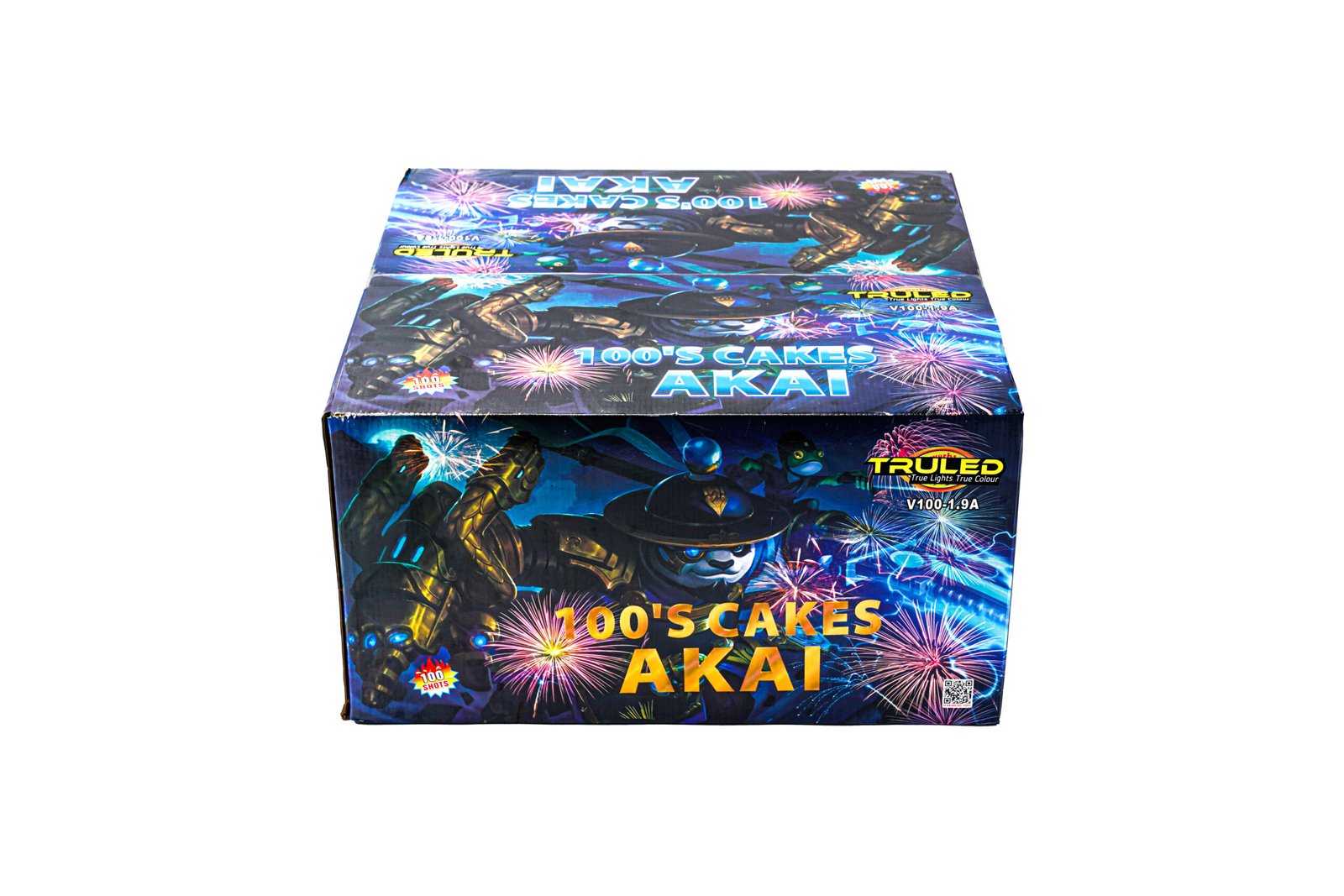 Box packaging for a product titled '100's Cakes Akai' with blue fireworks and robot characters.