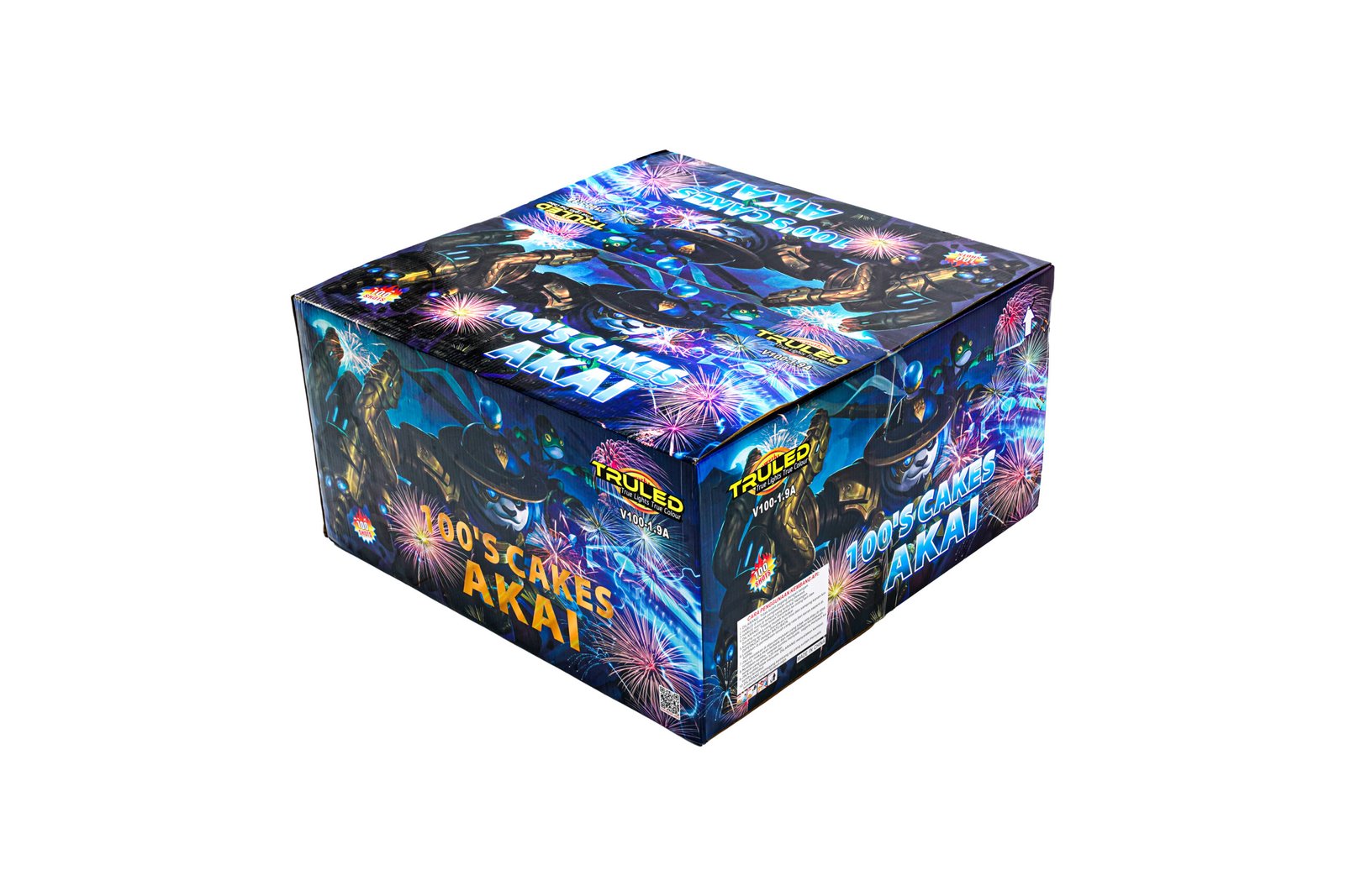 Angle view of a colorful fireworks-themed product box with bold blue and yellow text, showing '100's Cakes Akai' on the side.