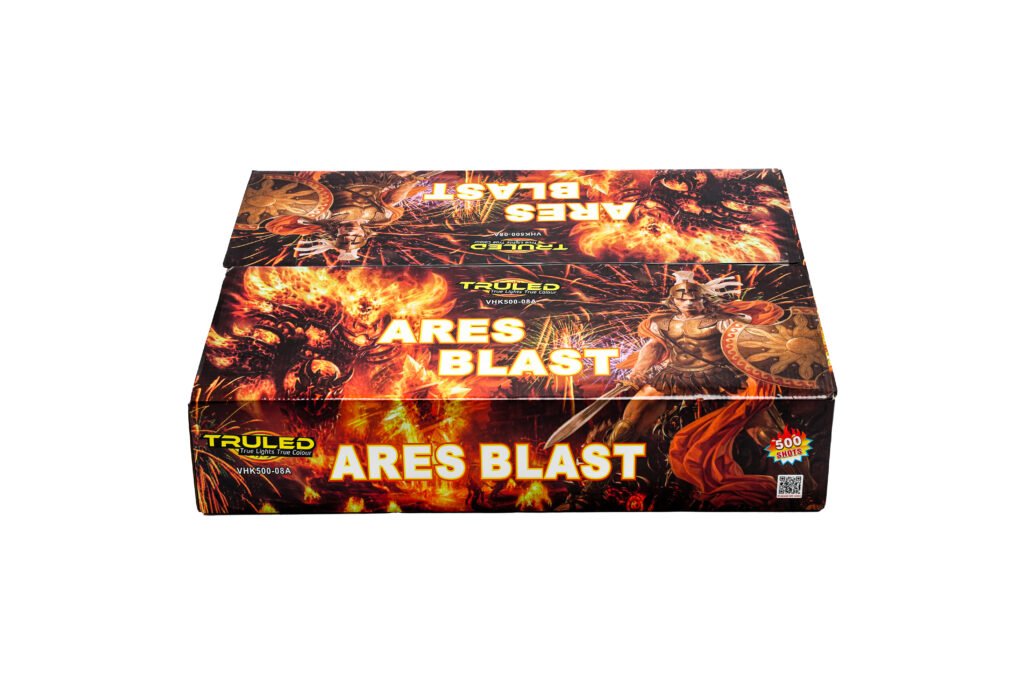 Ares Blast fireworks box with fiery explosions and bold yellow text, showing 500 shots on the packaging