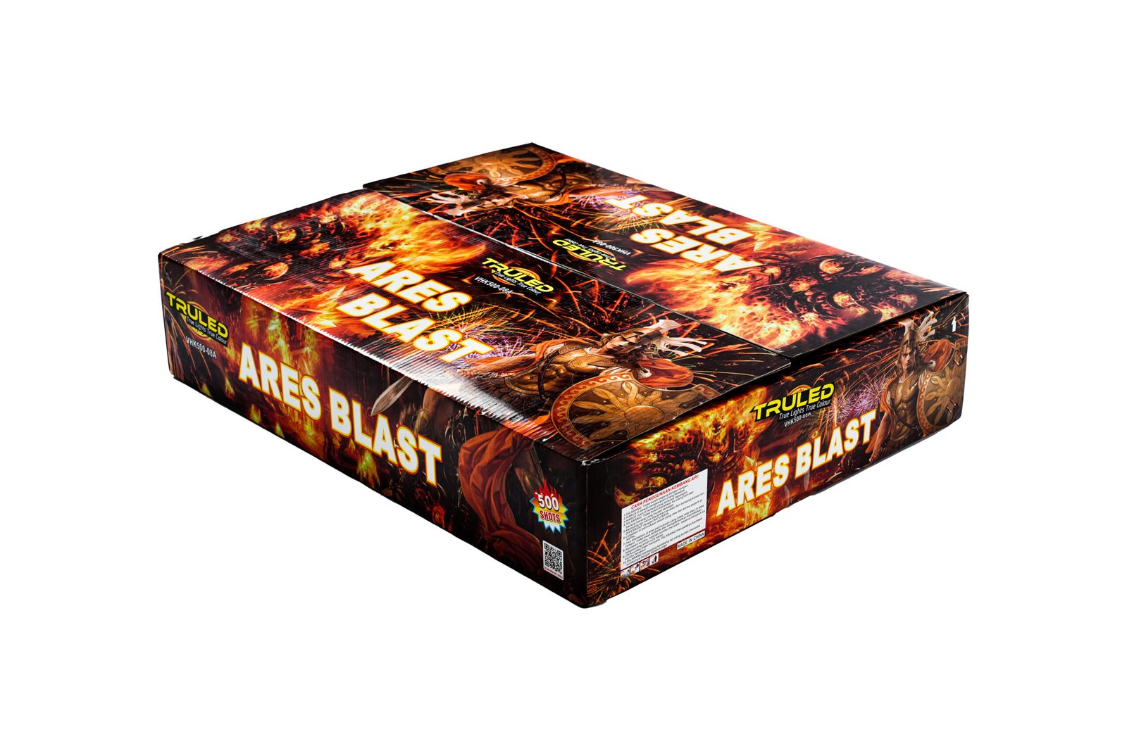 Ares Blast fireworks box with fiery explosion graphics and bold orange text, 500 shots visible.