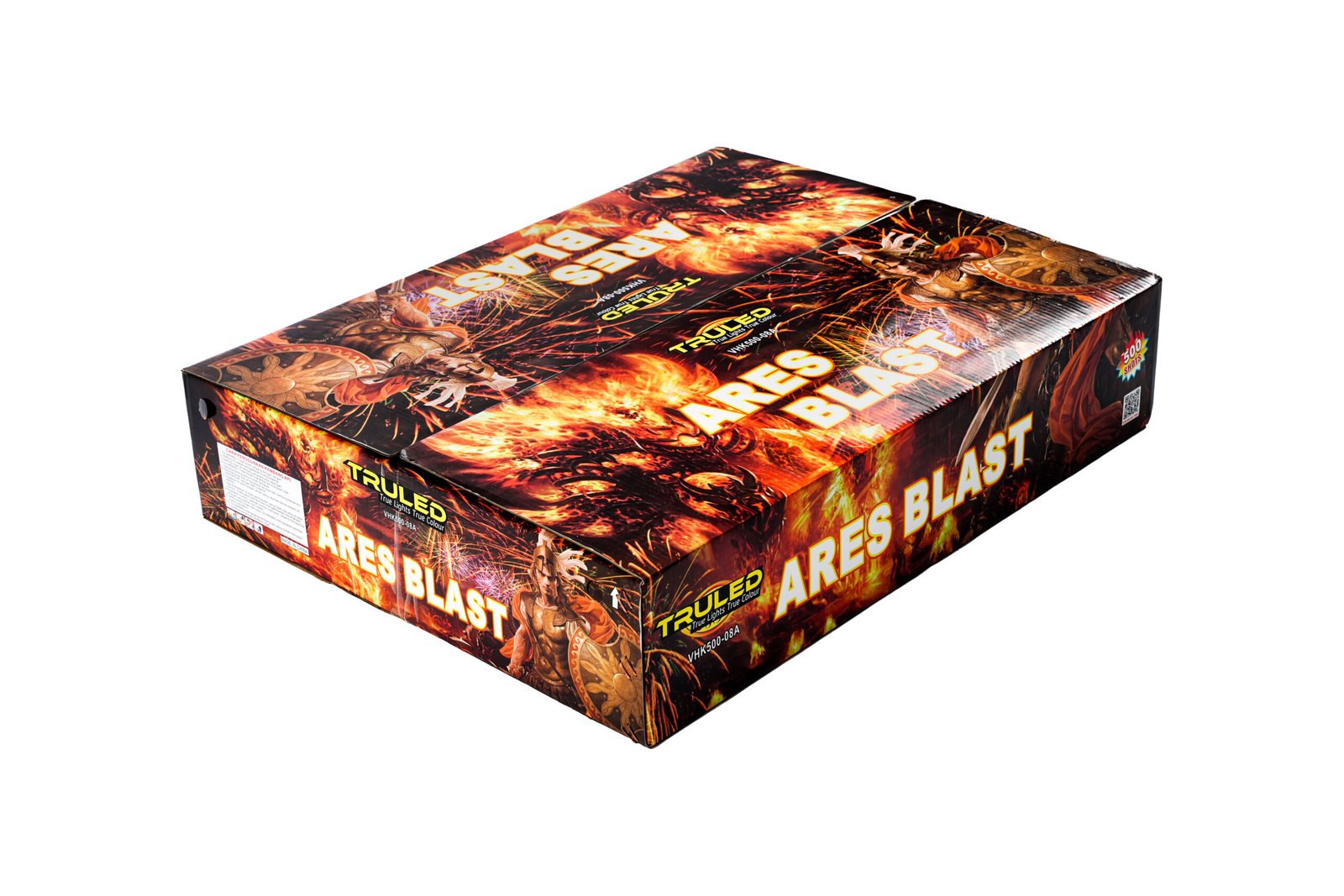 Rectangular fireworks box with fiery graphics and large 'ARES BLAST' branding on the side and top surfaces.