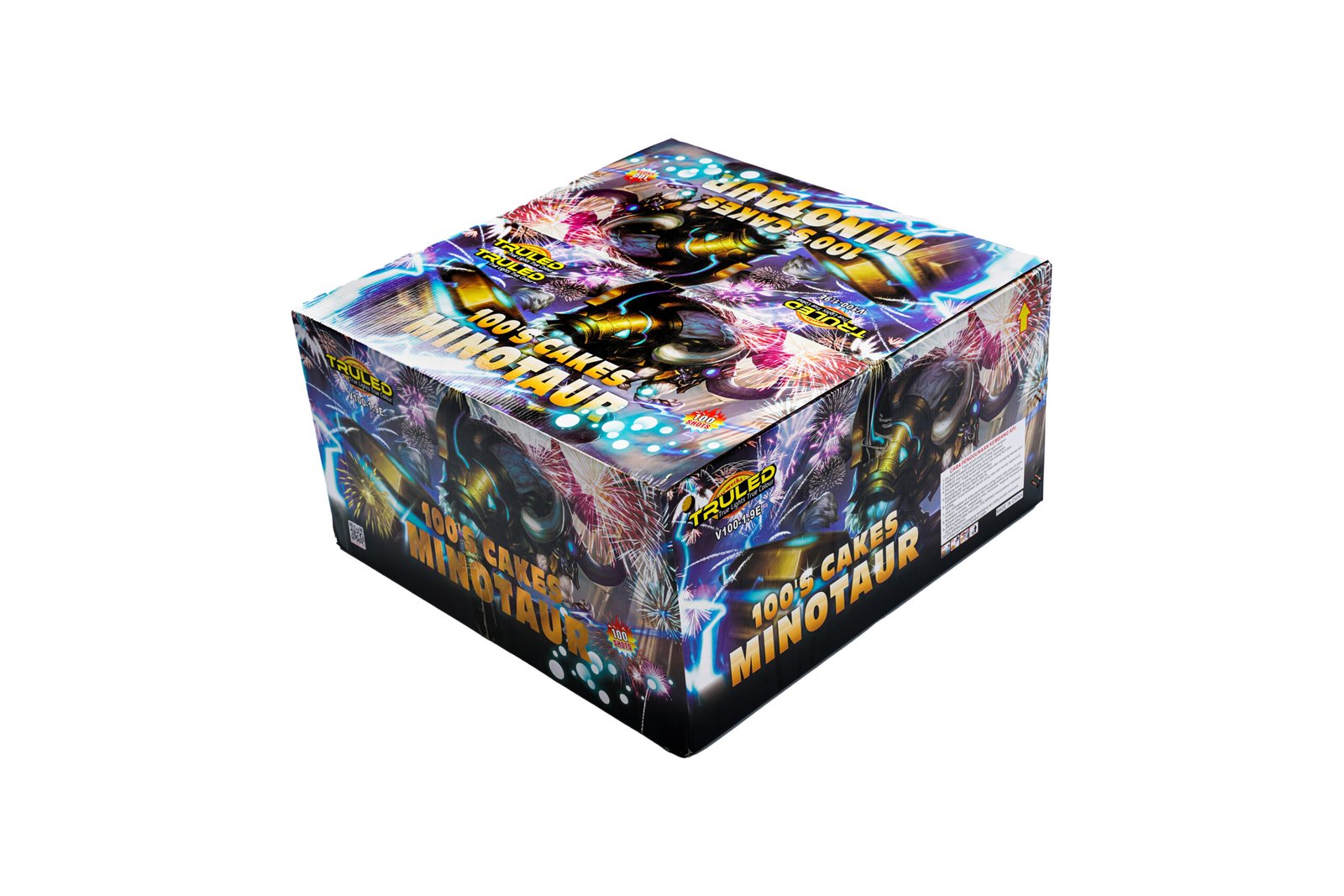 Colorful fireworks-themed cake box with bold graphics on a white background.