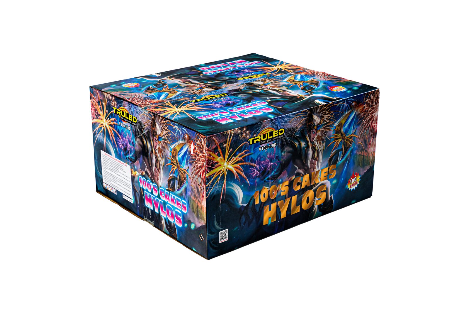Colorful fireworks-themed product box viewed from an angle, with bright bursts and blue tones on the packaging.