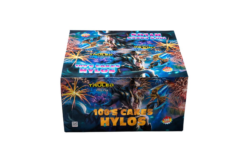 Colorful fireworks-themed packaging on a boxed product, with bold text '100's CAKES HYLOS' and fantasy graphic art on the lid.