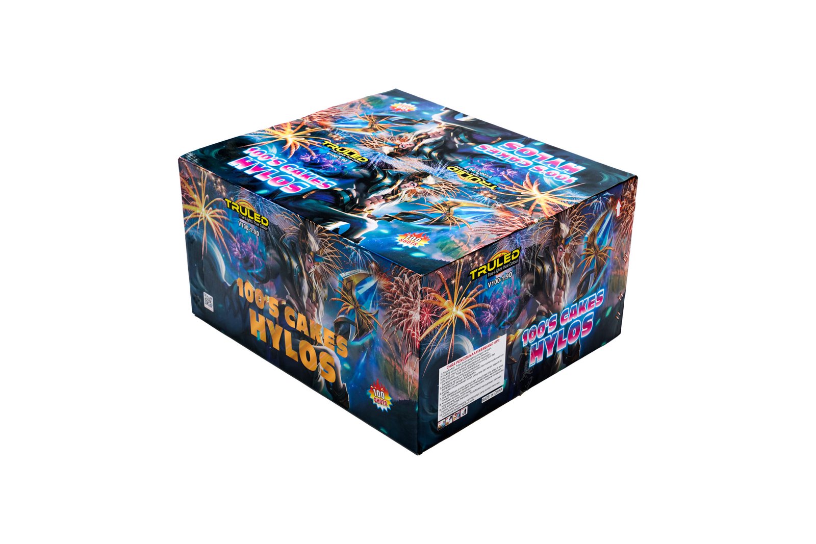 Colorful fireworks box with bright bursts and tropical blue design, labeled '100 shots' on the sides and top area of the packaging.