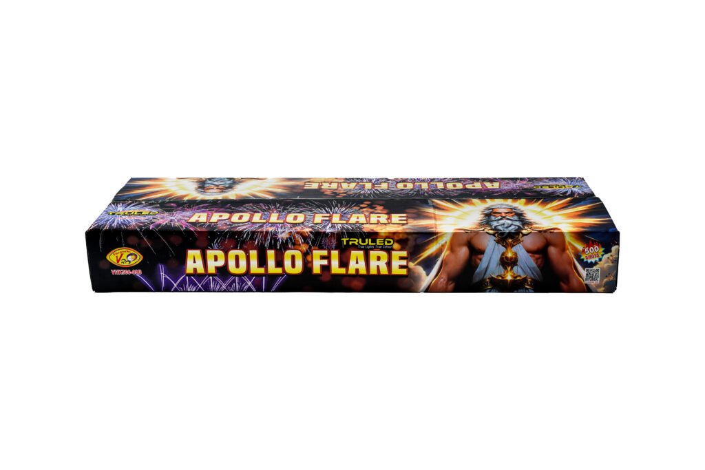 Front of a fireworks box labeled 'APOLLO FLARE' with bright explosion graphics and a mythic figure in the design, indicating a fireworks product package.