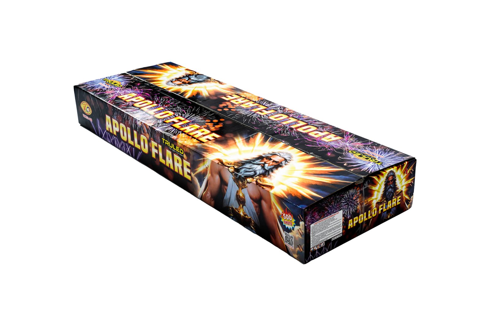 Fireworks box with bright explosions artwork and the words 'APOLLO FLARE' on the packaging, colorful and dynamic art study.